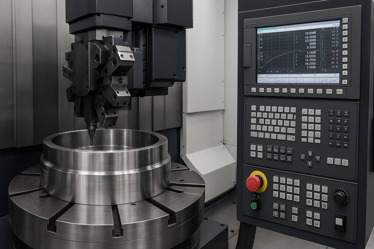 Modern CNC vertical turning machine in operation, showing a tool turret, control panel, and large metal workpiece mounted on the rotary table.